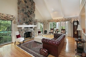 Living room with stone fireplace