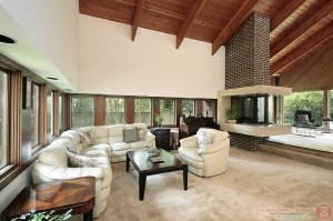 Living room with brick fireplace