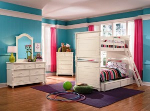 colorful-kids-bedroom-design-with-white-wooden-bunk-bed-overlooking-in-light-blue-wall-paint-color