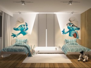 featured-interior-decorations-encouragement-white-smurf-themed-kids-bedroom-design-with-two-white-blue-stripped-covering-single-beds